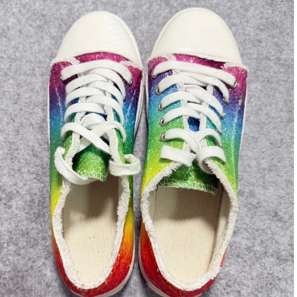 Rainbow Glitter Ombre Lace Up Sneakers Low‎ Top White Toe Cap Size 43 M-9.5 W-11